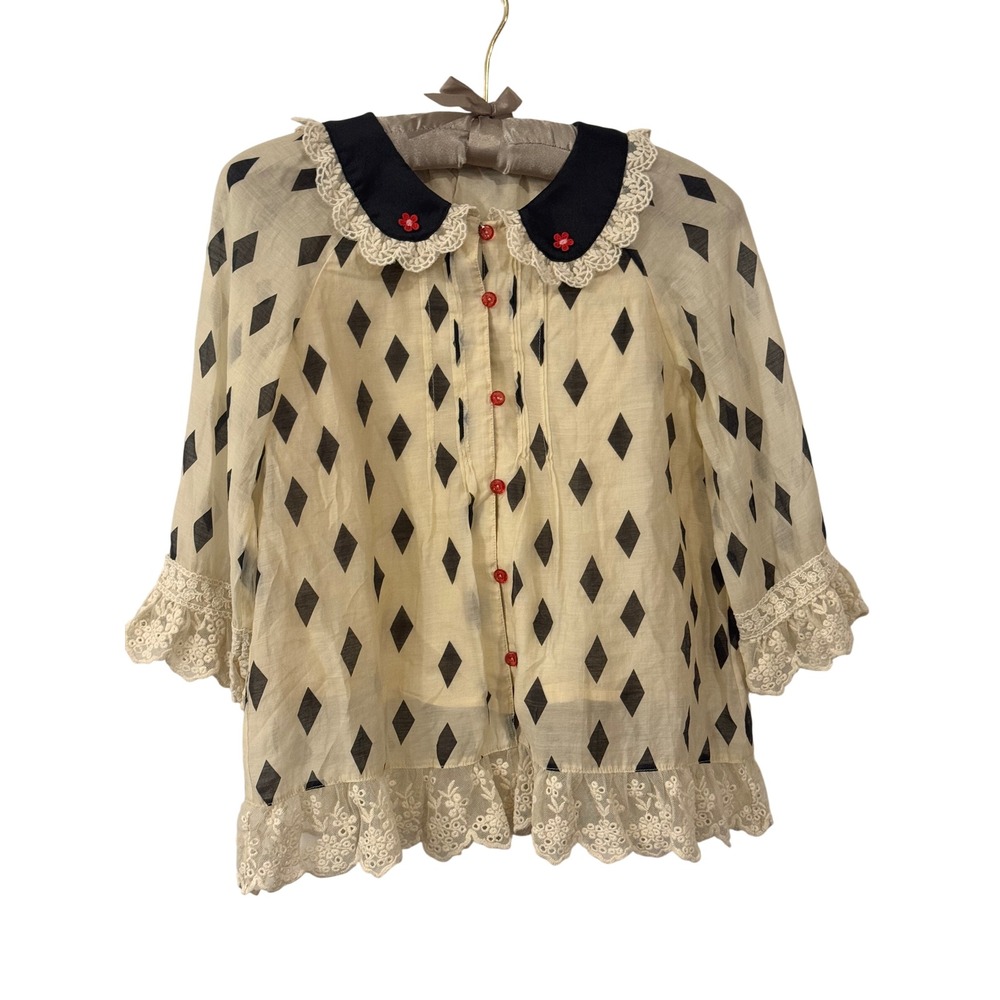 Finding Foxtale Girls Diamond Print Lace Trim Blouse Peter Pan Collar Size 12